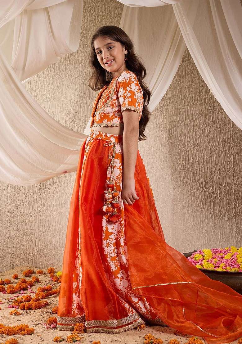 Orange Printed Blended Lehenga Choli For Girls - Indya