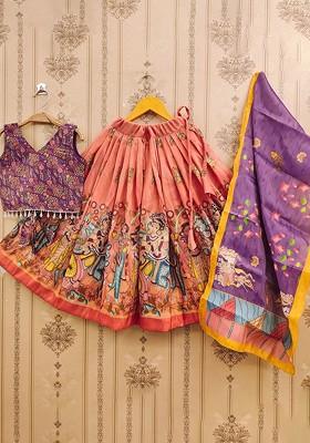 Orange Printed Blended Lehenga Choli For Girls