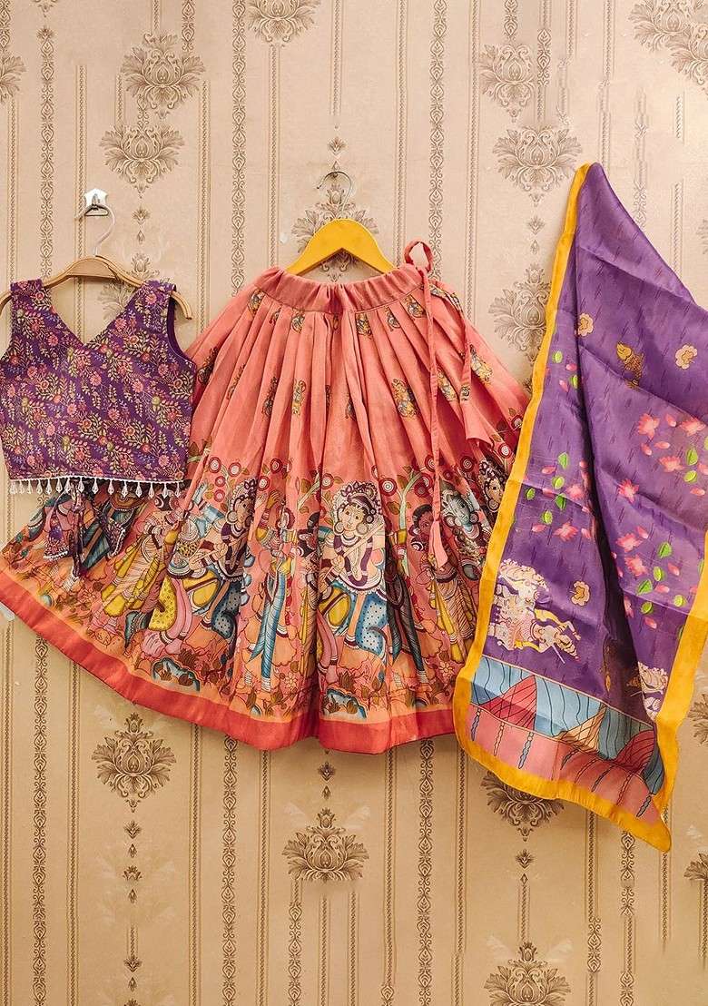 Orange Printed Blended Lehenga Choli For Girls - Indya