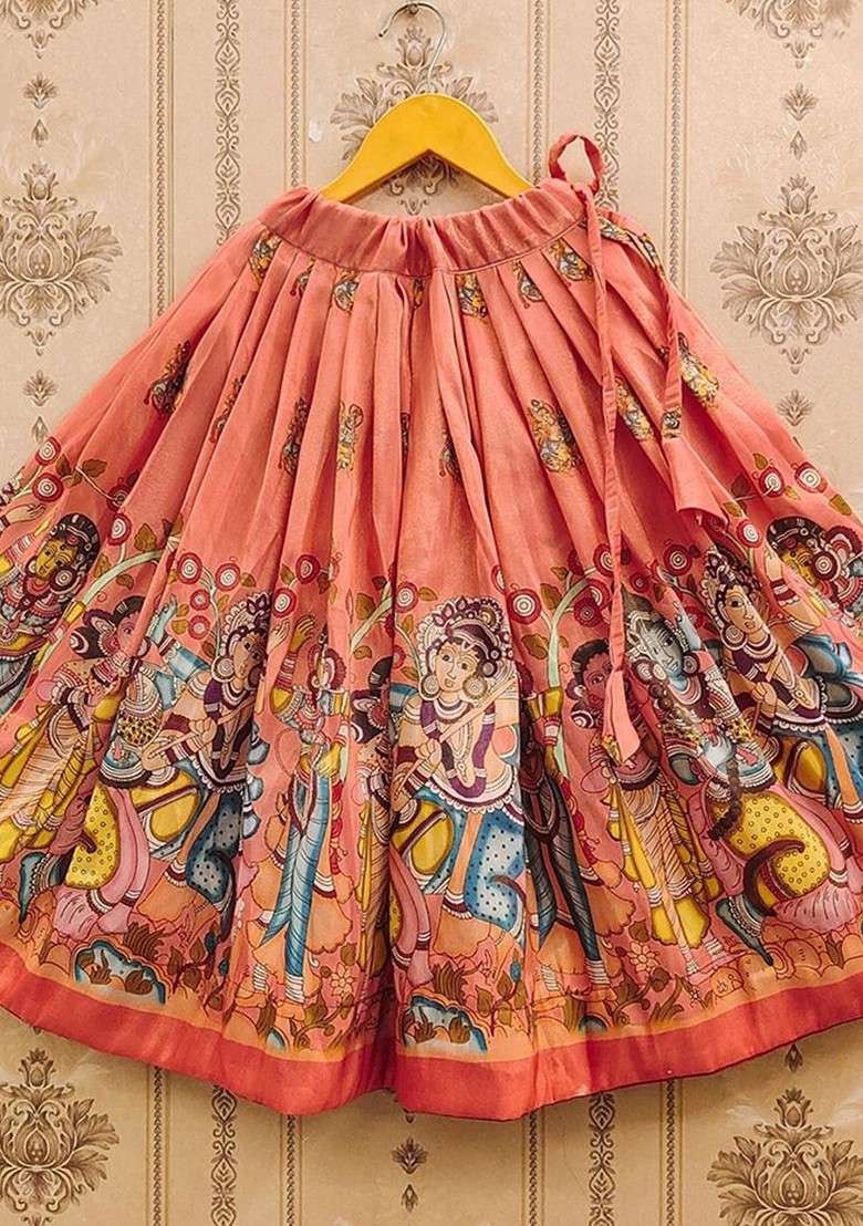 Orange Printed Blended Lehenga Choli For Girls - Indya