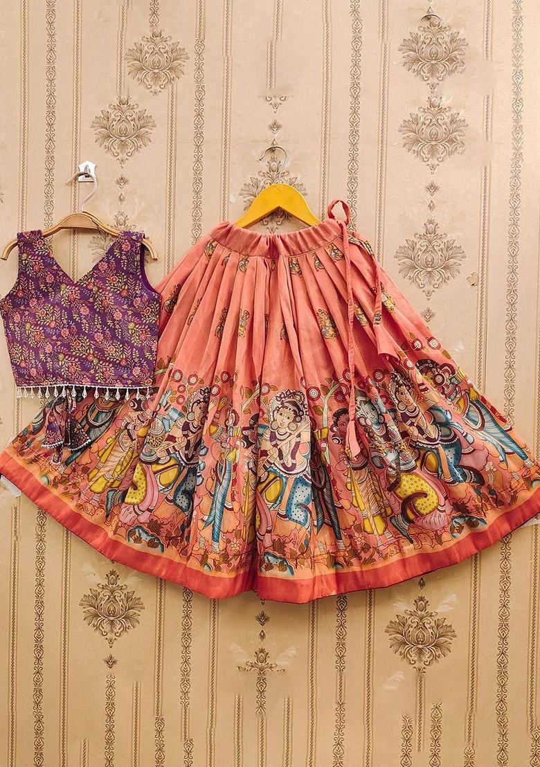 Orange Printed Blended Lehenga Choli For Girls - Indya