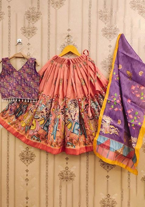 Orange Printed Blended Lehenga Choli For Girls — view on Indya