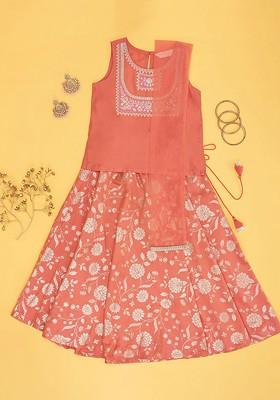 Orange Embroidered Blended Lehenga Choli For Girls