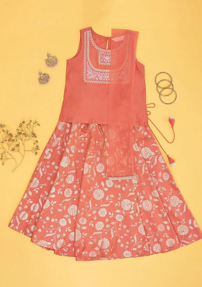 Orange Embroidered Blended Lehenga Choli For Girls - Indya