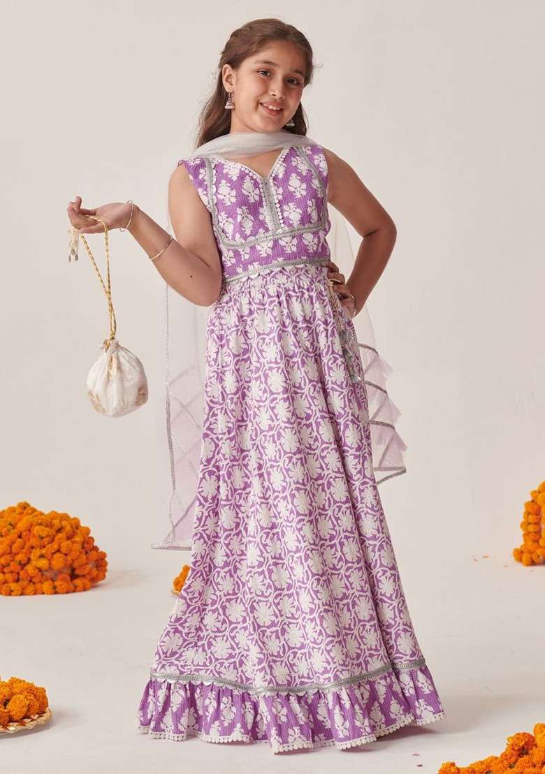 Lavender Printed Blended Lehenga Choli For Girls - Indya