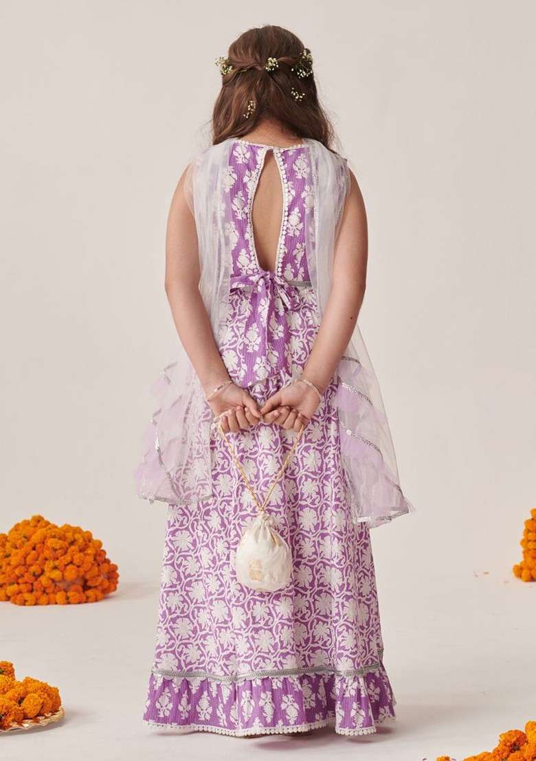 Lavender Printed Blended Lehenga Choli For Girls - Indya
