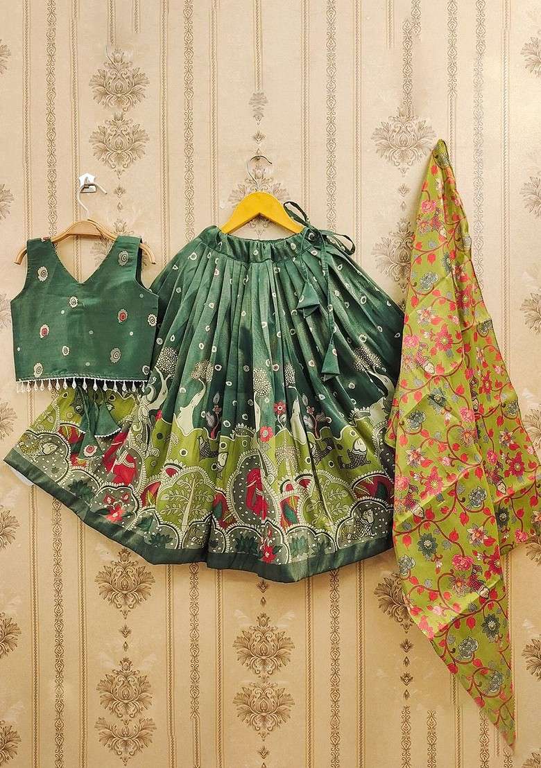 Green Printed Blended Lehenga Choli For Girls - Indya