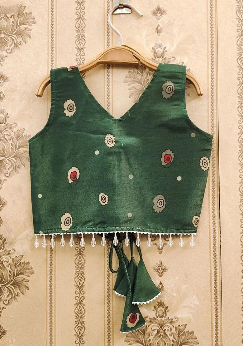 Green Printed Blended Lehenga Choli For Girls - Indya