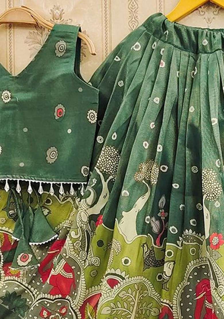 Green Printed Blended Lehenga Choli For Girls - Indya