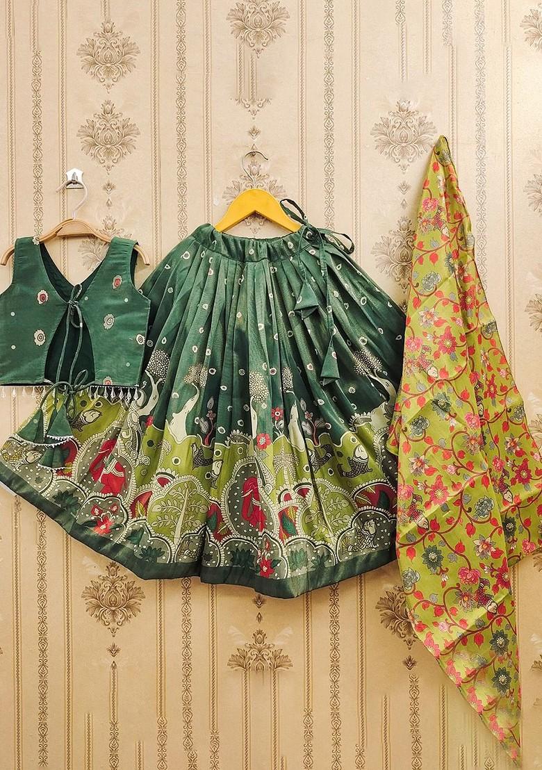 Green Printed Blended Lehenga Choli For Girls - Indya