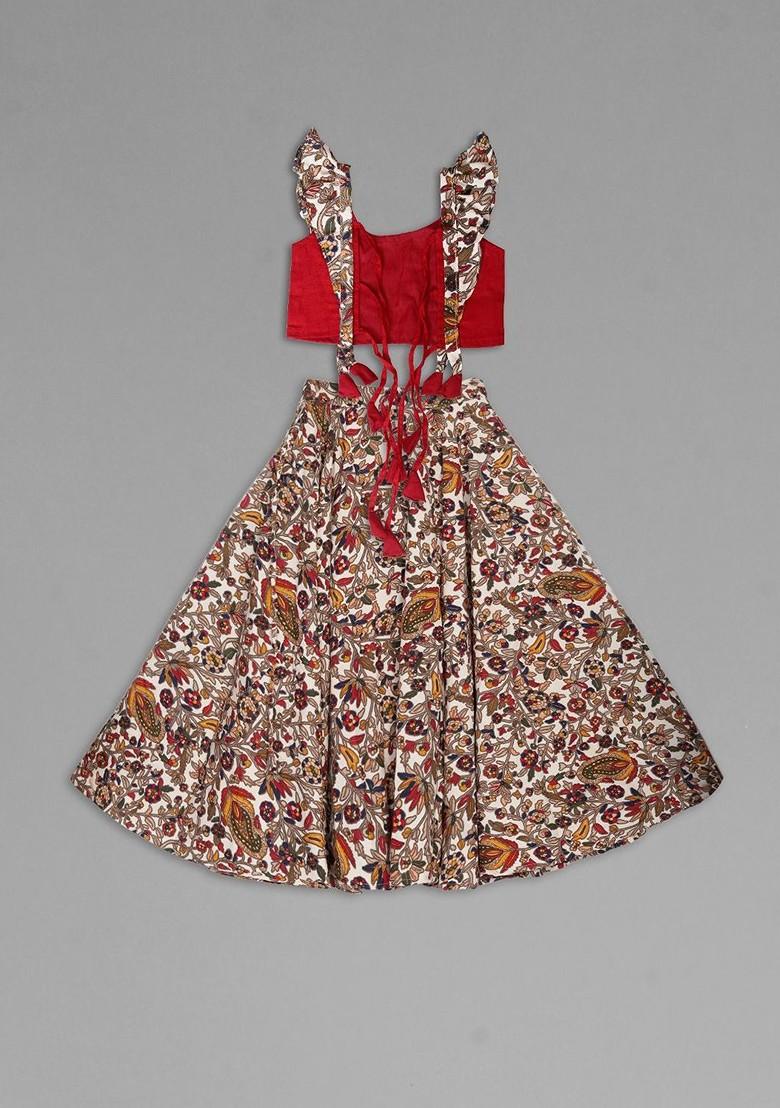 Beige Embroidered Blended Lehenga Choli For Girls - Indya