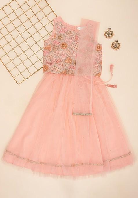Peach Embellished Blended Lehenga Choli For Girls — view on Indya