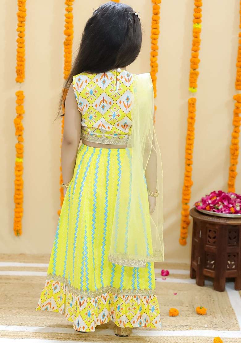 Yellow Printed Cotton Blend Lehenga Choli For Girls - Indya