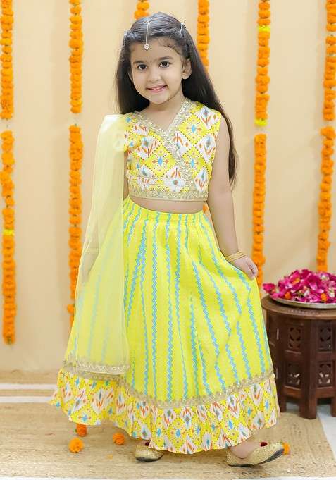 Yellow Printed Cotton Blend Lehenga Choli For Girls