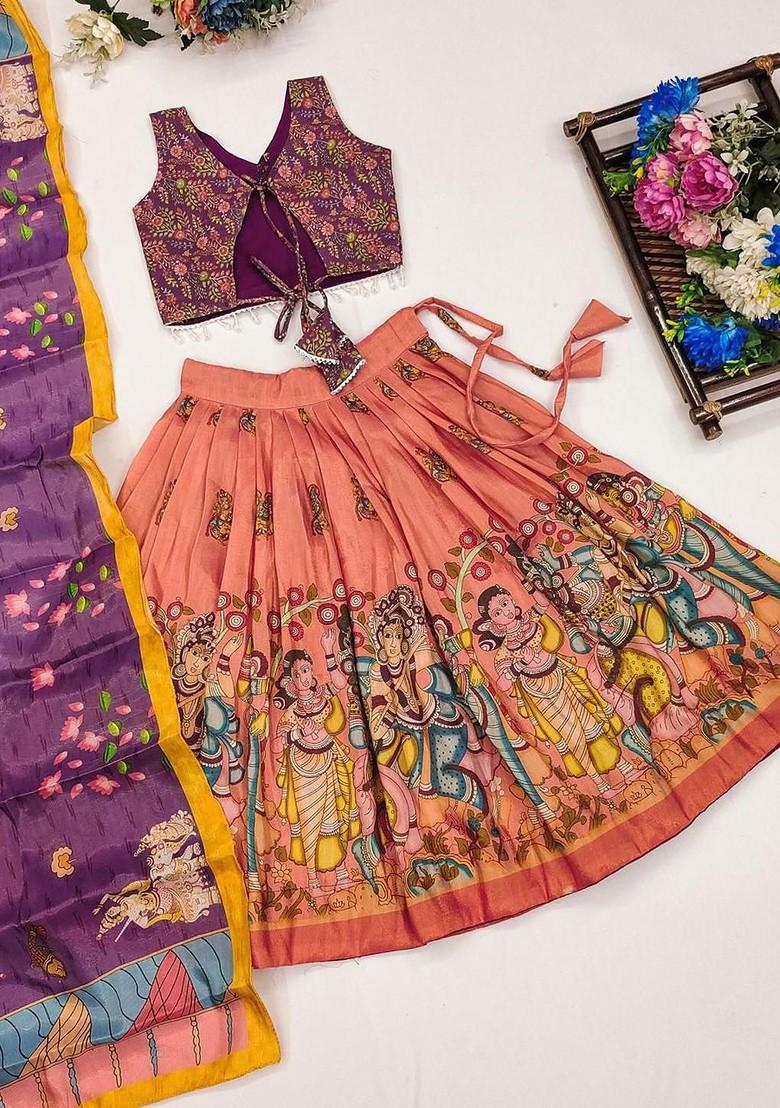 Orange Printed Blended Lehenga Choli For Girls - Indya
