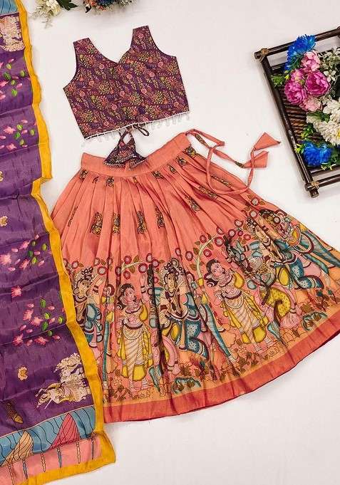 Orange Printed Blended Lehenga Choli For Girls