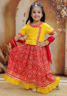 Yellow Printed Cotton Blend Lehenga Choli For Girls