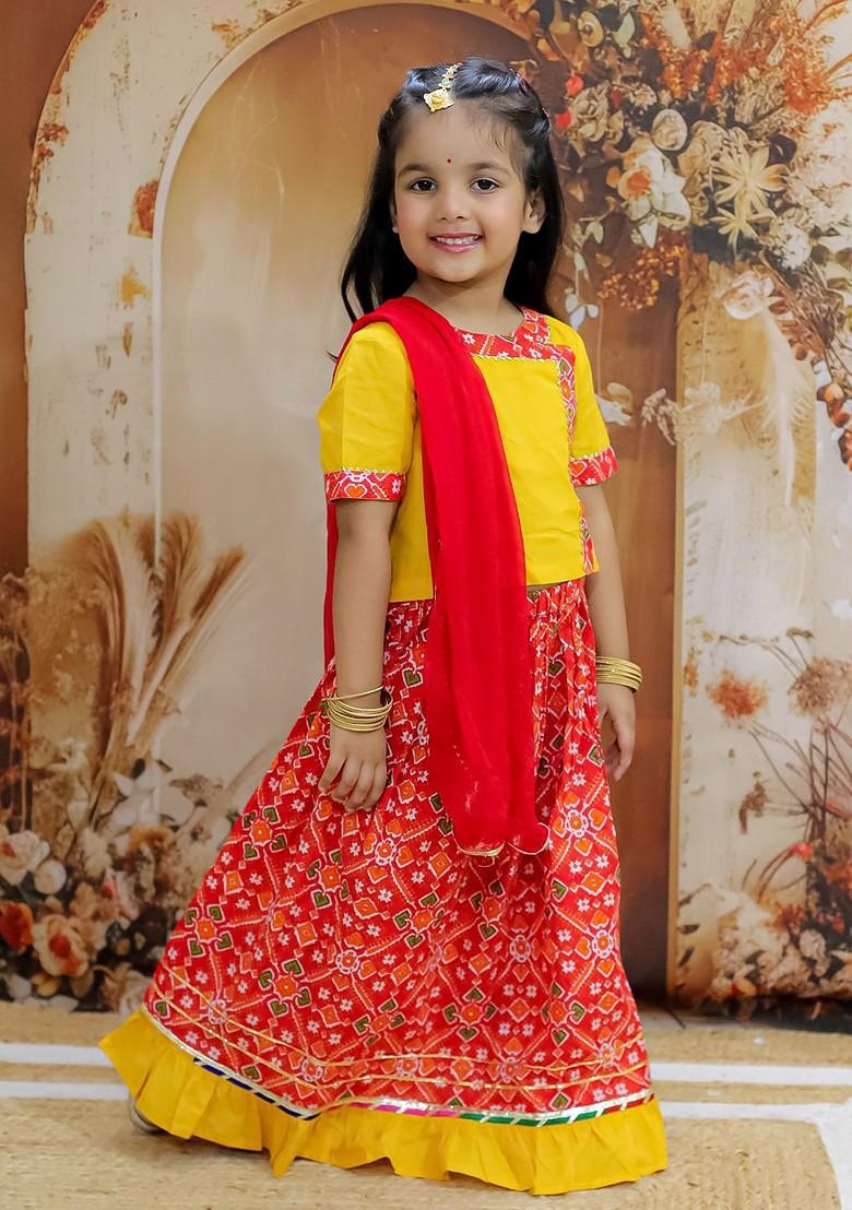 Yellow Printed Cotton Blend Lehenga Choli For Girls - Indya