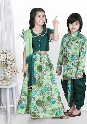 Green Printed Blended Lehenga Choli For Girls