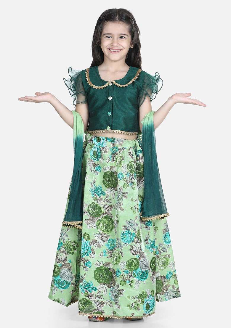 Green Printed Blended Lehenga Choli For Girls - Indya