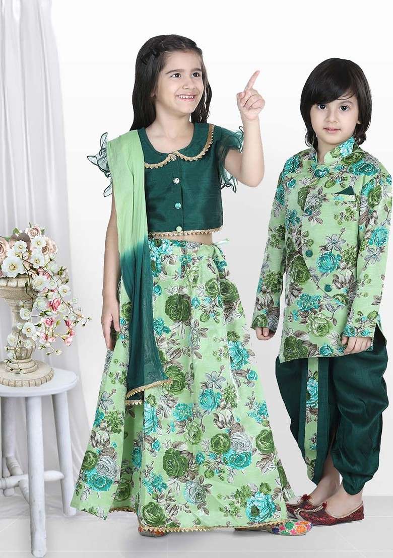 Green Printed Blended Lehenga Choli For Girls - Indya
