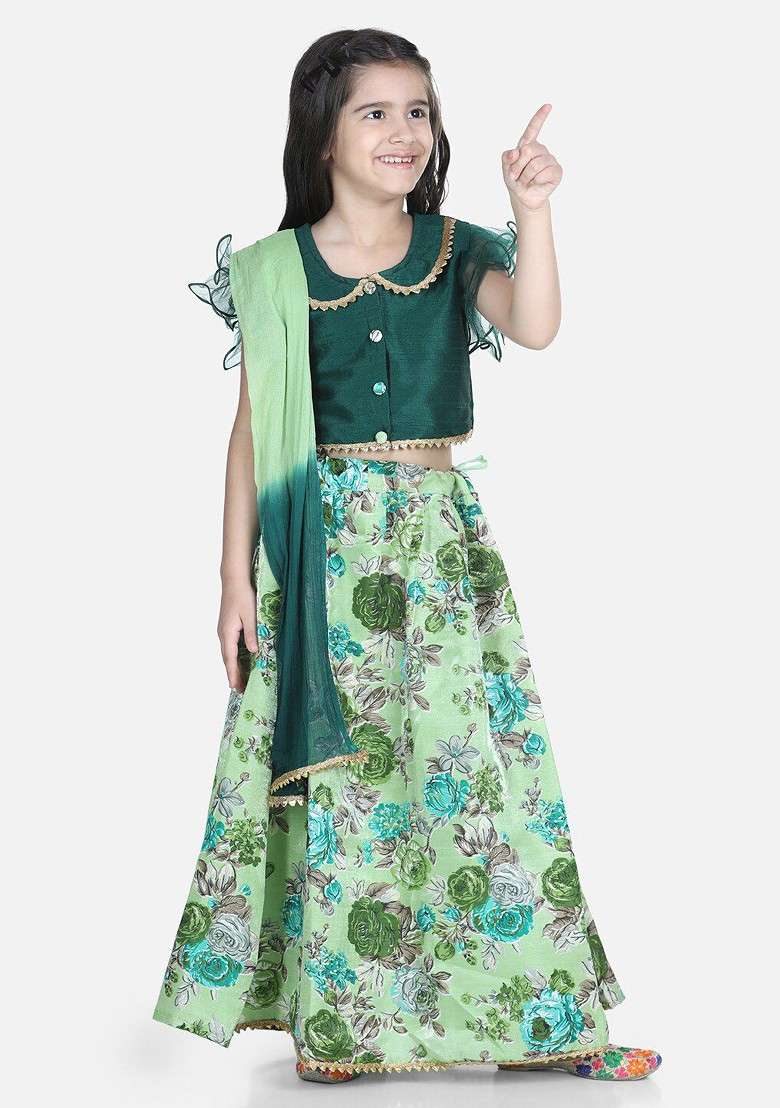 Green Printed Blended Lehenga Choli For Girls - Indya