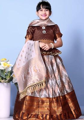 Brown Embroidered Blended Lehenga Choli For Girls