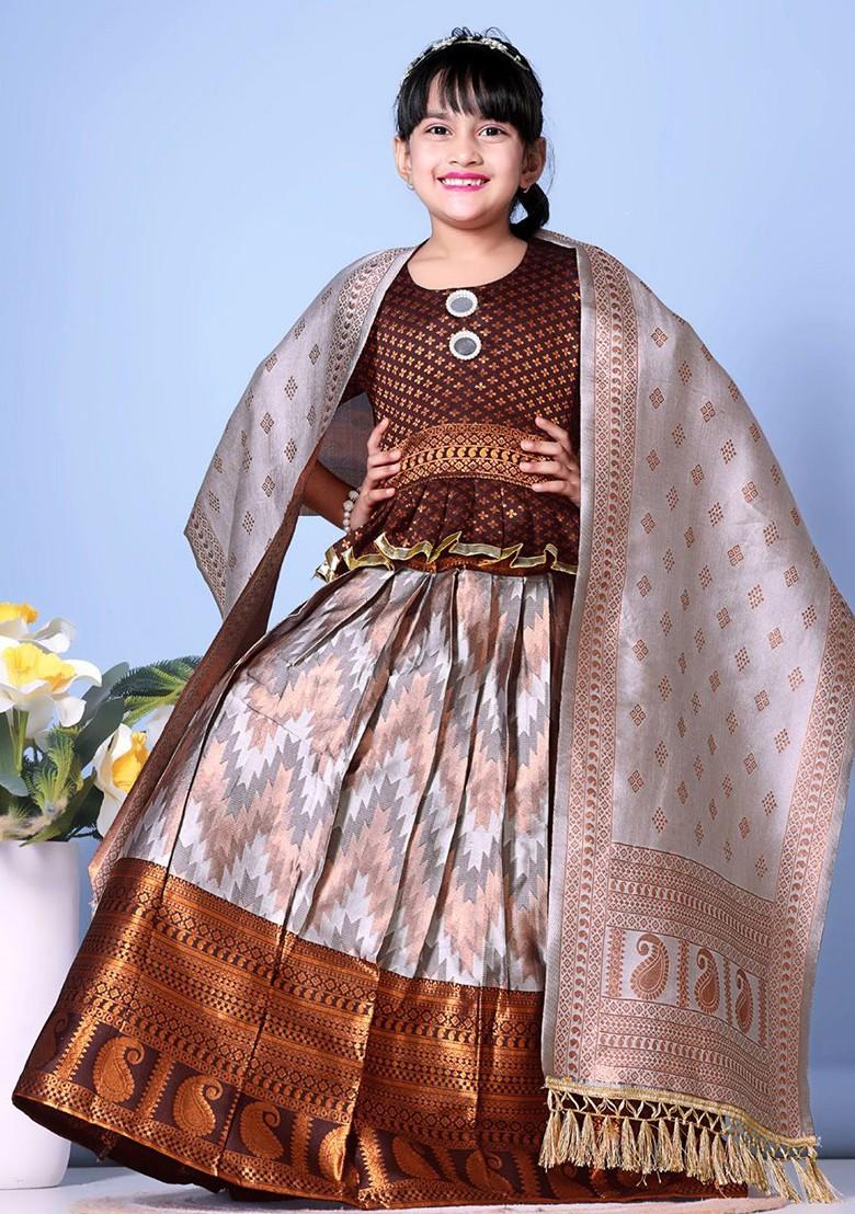 Brown Embroidered Blended Lehenga Choli For Girls - Indya