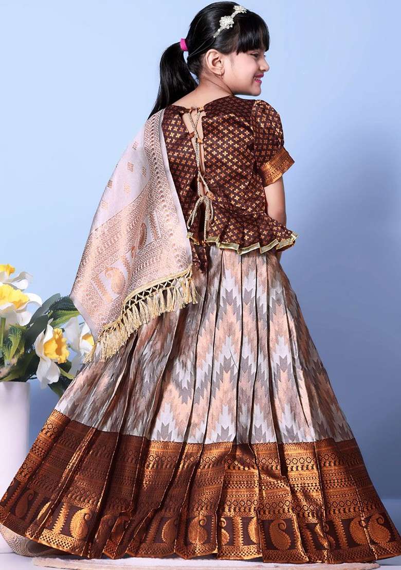 Brown Embroidered Blended Lehenga Choli For Girls - Indya