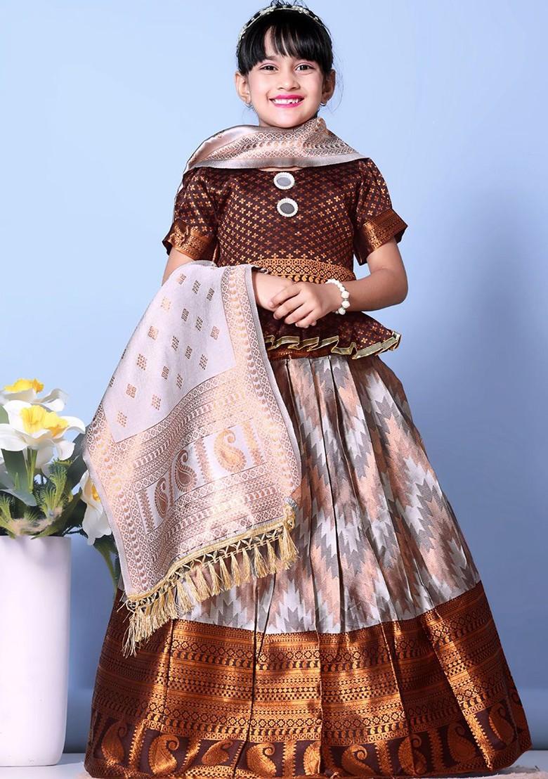 Brown Embroidered Blended Lehenga Choli For Girls - Indya
