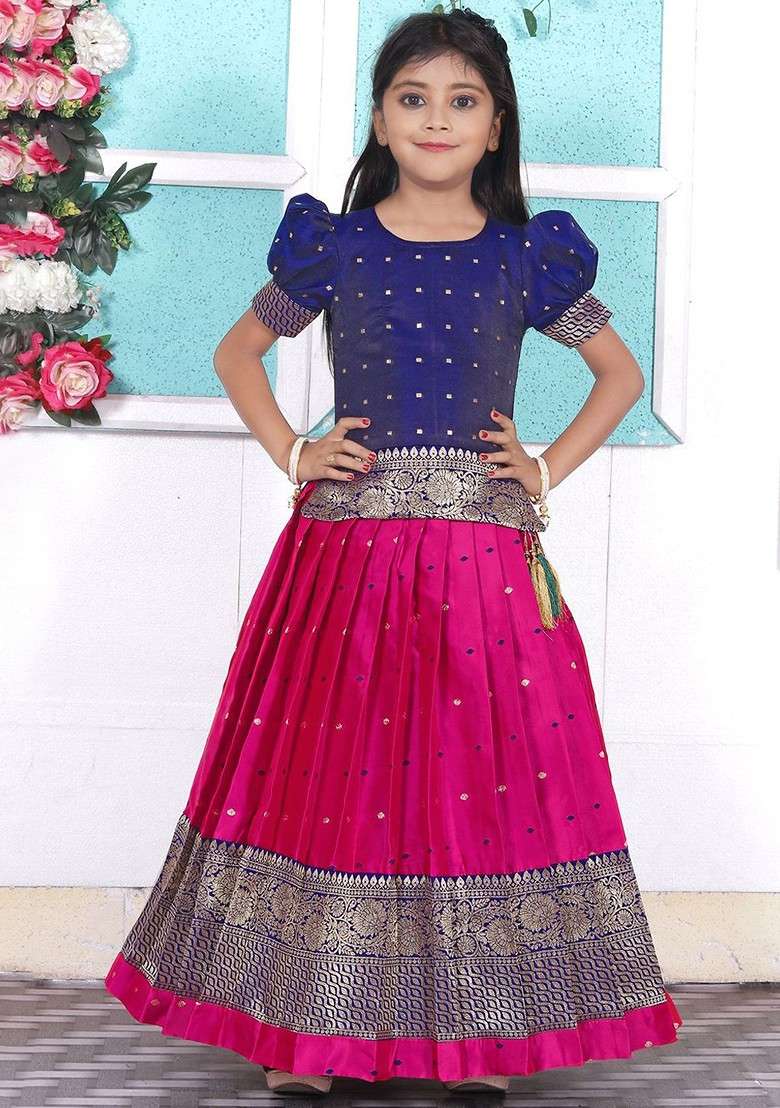 Blue Embroidered Blended Lehenga Choli For Girls - Indya