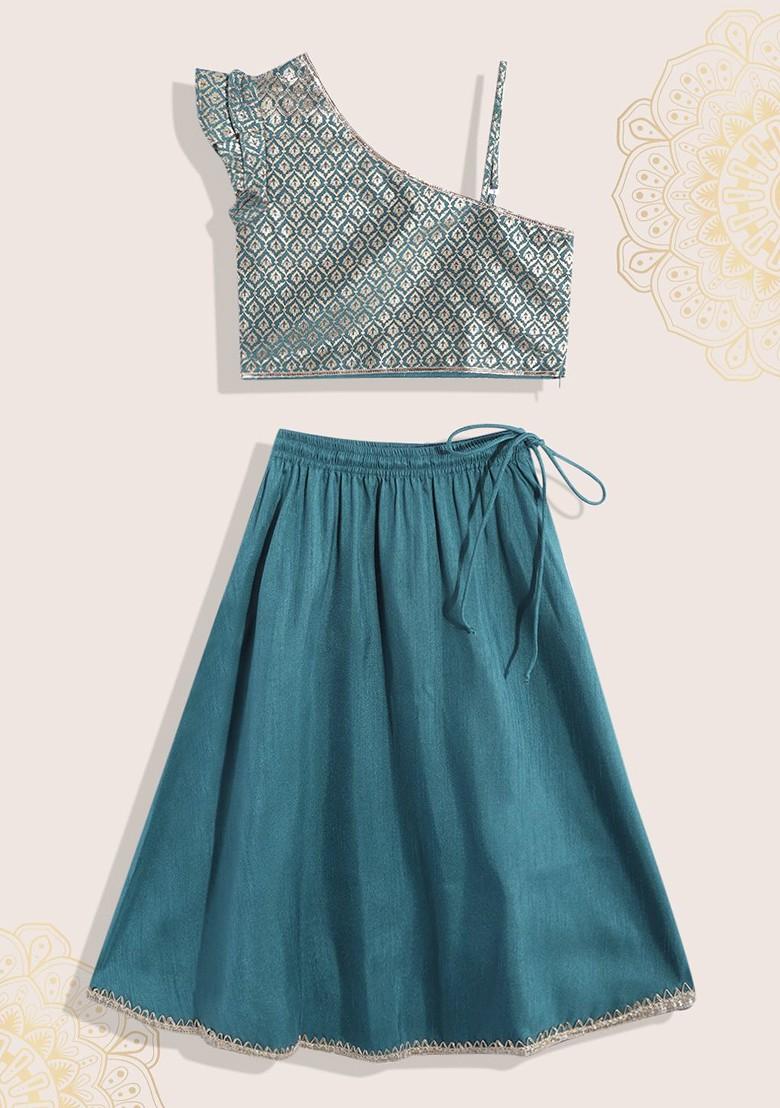 Teal Printed Blended Lehenga Choli For Girls - Indya