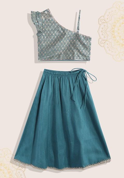 Teal Printed Blended Lehenga Choli For Girls — view on Indya
