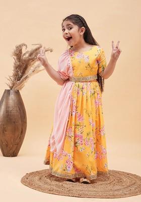 Yellow Printed Blended Lehenga Choli For Girls