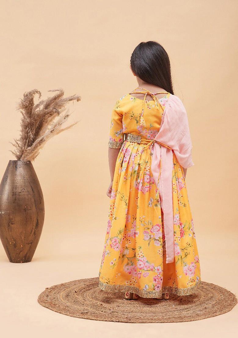 Yellow Printed Blended Lehenga Choli For Girls - Indya