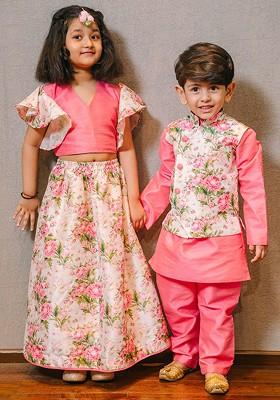 Pink Printed Blended Lehenga Choli For Girls
