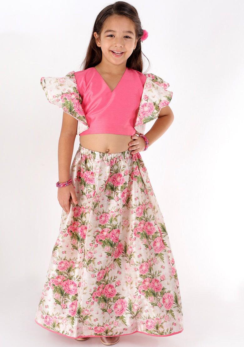 Pink Printed Blended Lehenga Choli For Girls - Indya