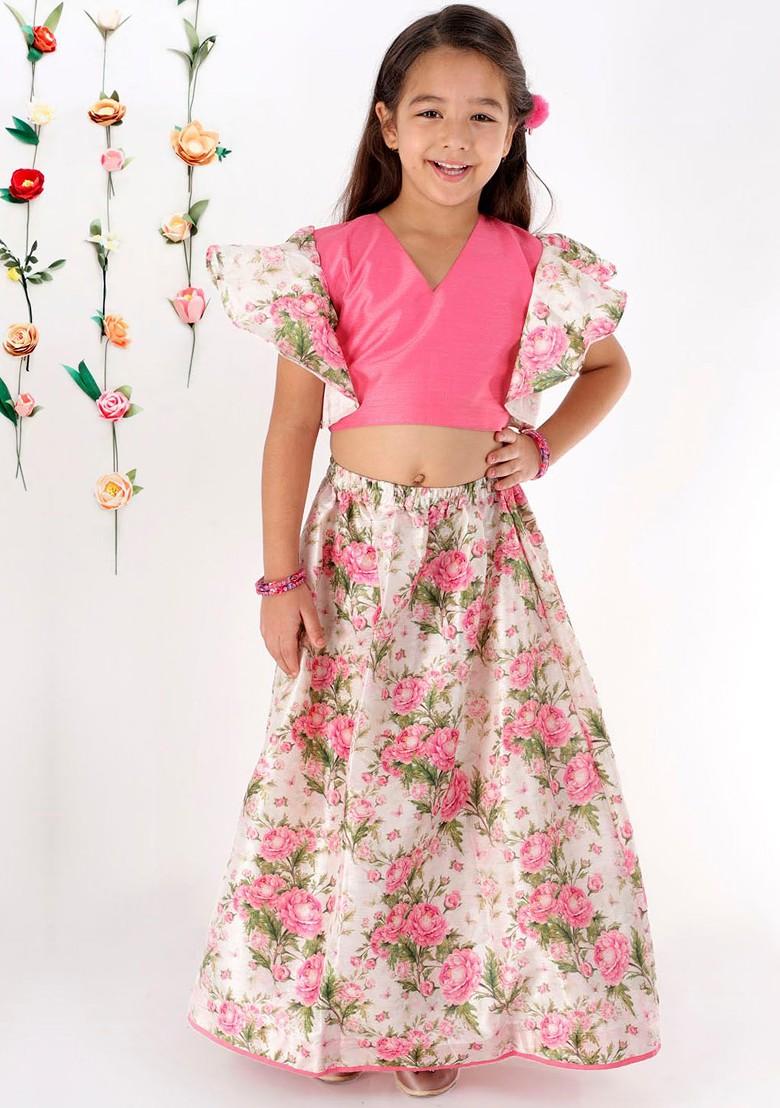 Pink Printed Blended Lehenga Choli For Girls - Indya