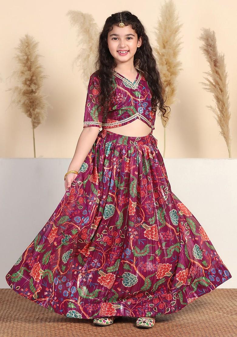 Maroon Printed Blended Lehenga Choli For Girls - Indya