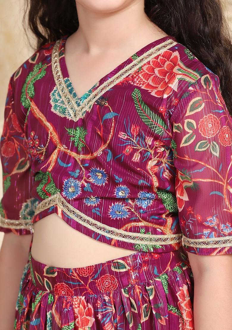 Maroon Printed Blended Lehenga Choli For Girls - Indya