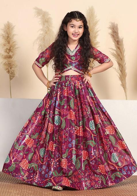 Maroon Printed Blended Lehenga Choli For Girls — view on Indya