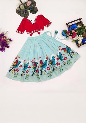 Blue Embroidered Georgette Lehenga Choli For Girls