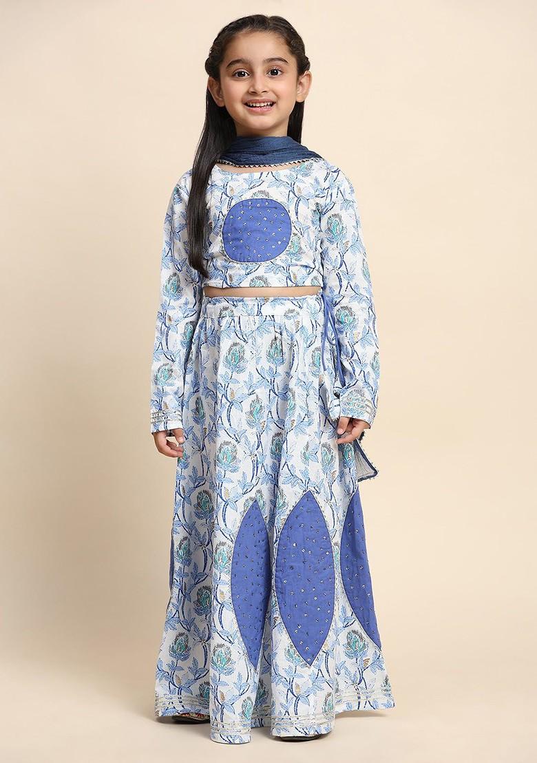 Blue Printed Blended Lehenga Choli For Girls - Indya