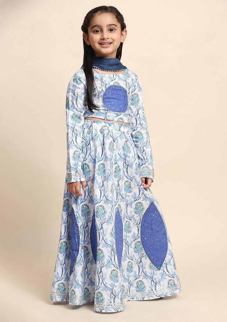 Blue Printed Blended Lehenga Choli For Girls - Indya