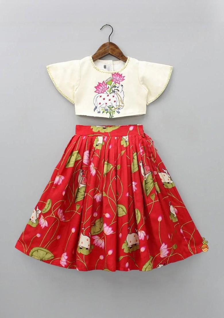 Red Printed Silk Lehenga Choli For Girls - Indya