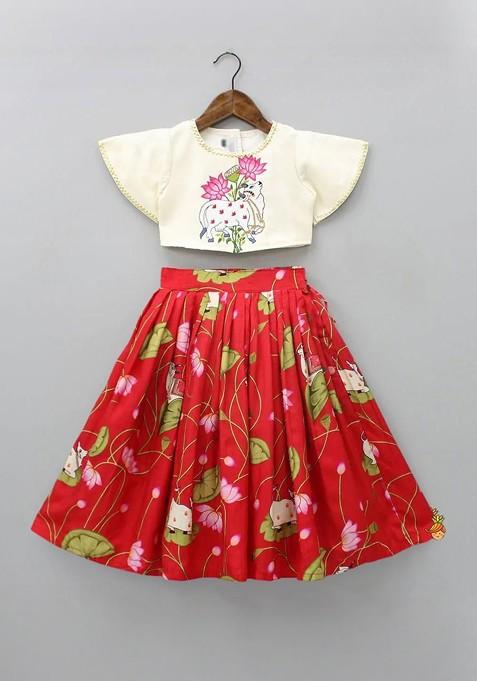 Red Printed Silk Lehenga Choli For Girls — view on Indya