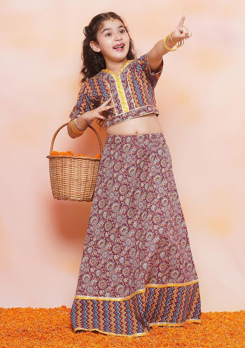 Maroon Printed Blended Lehenga Choli For Girls - Indya