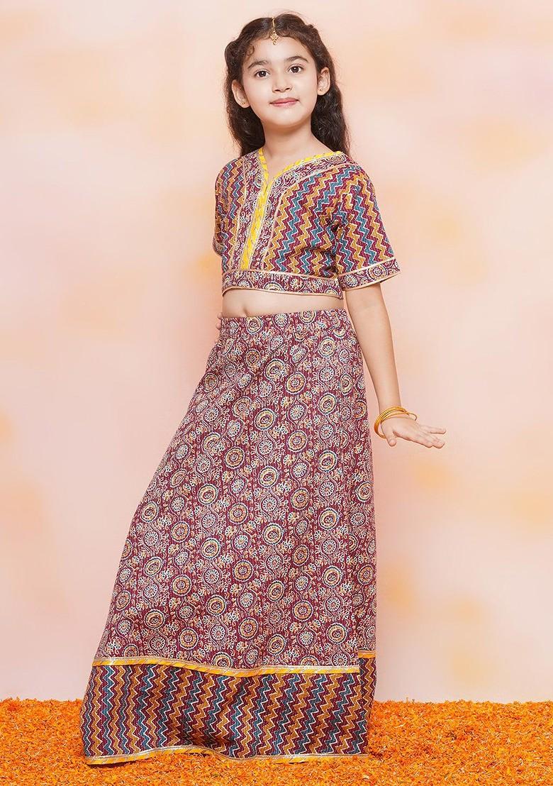 Maroon Printed Blended Lehenga Choli For Girls - Indya
