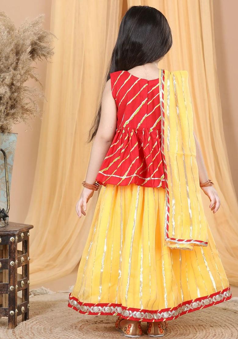 Yellow Printed Blended Lehenga Choli For Girls - Indya