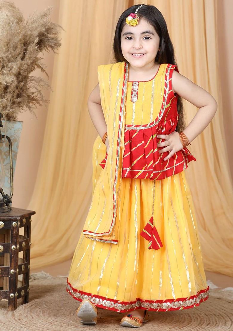 Yellow Printed Blended Lehenga Choli For Girls - Indya